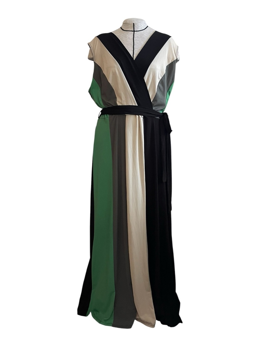 Ashley Stewart Green, Black, Cream & Gray Colorblock Maxi Dress